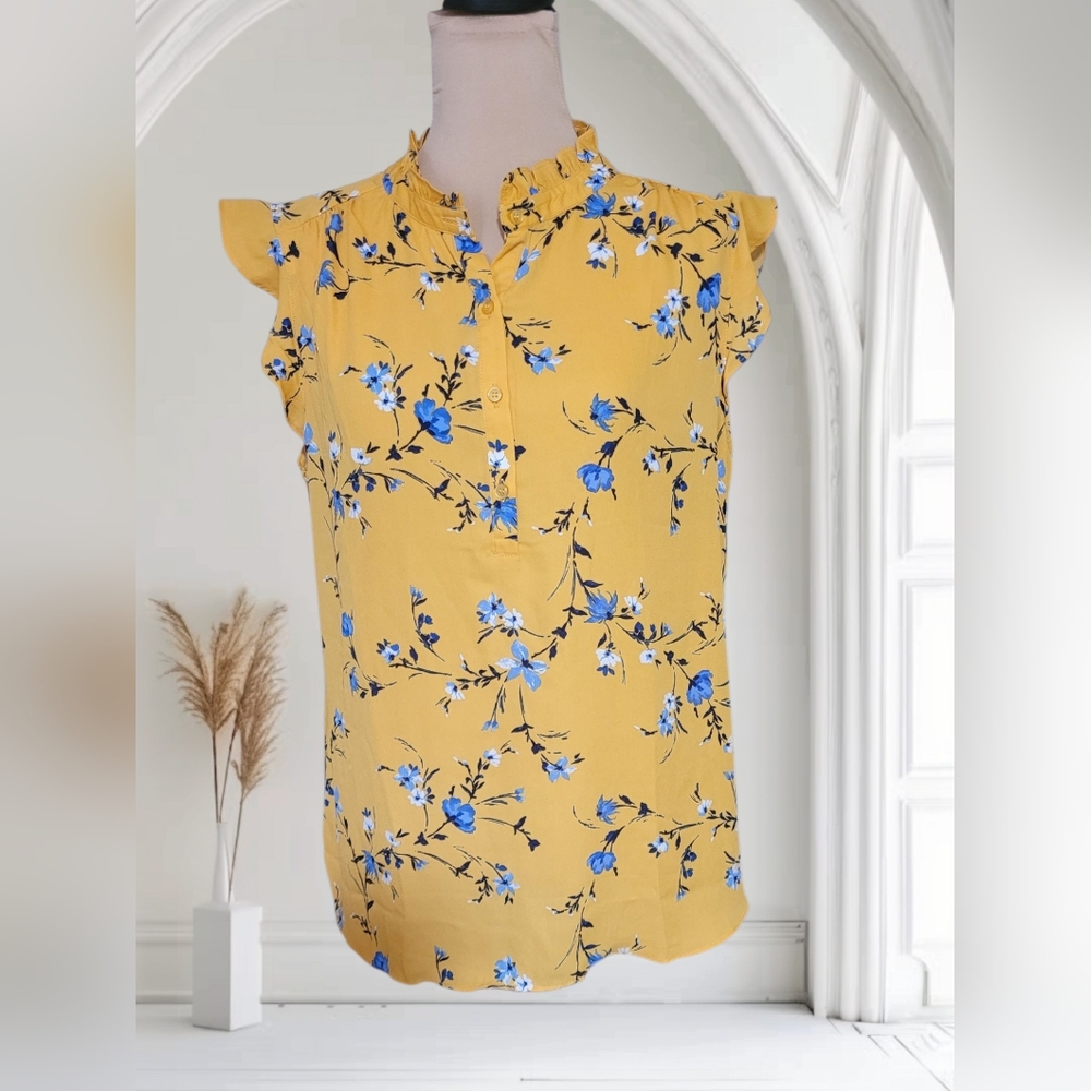 Floral Yellow Blouse with Blue Accents